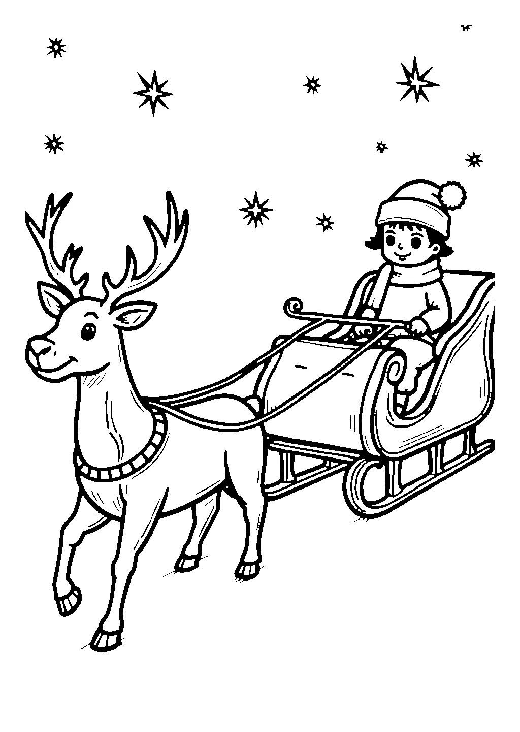 Disegno di una renna che vola nel cielo stellato trainando una slitta natalizia