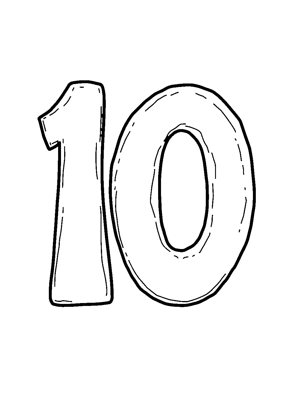 Disegno del numero 10 con dieci pallini colorati, utile per esercizi di conteggio per bambini