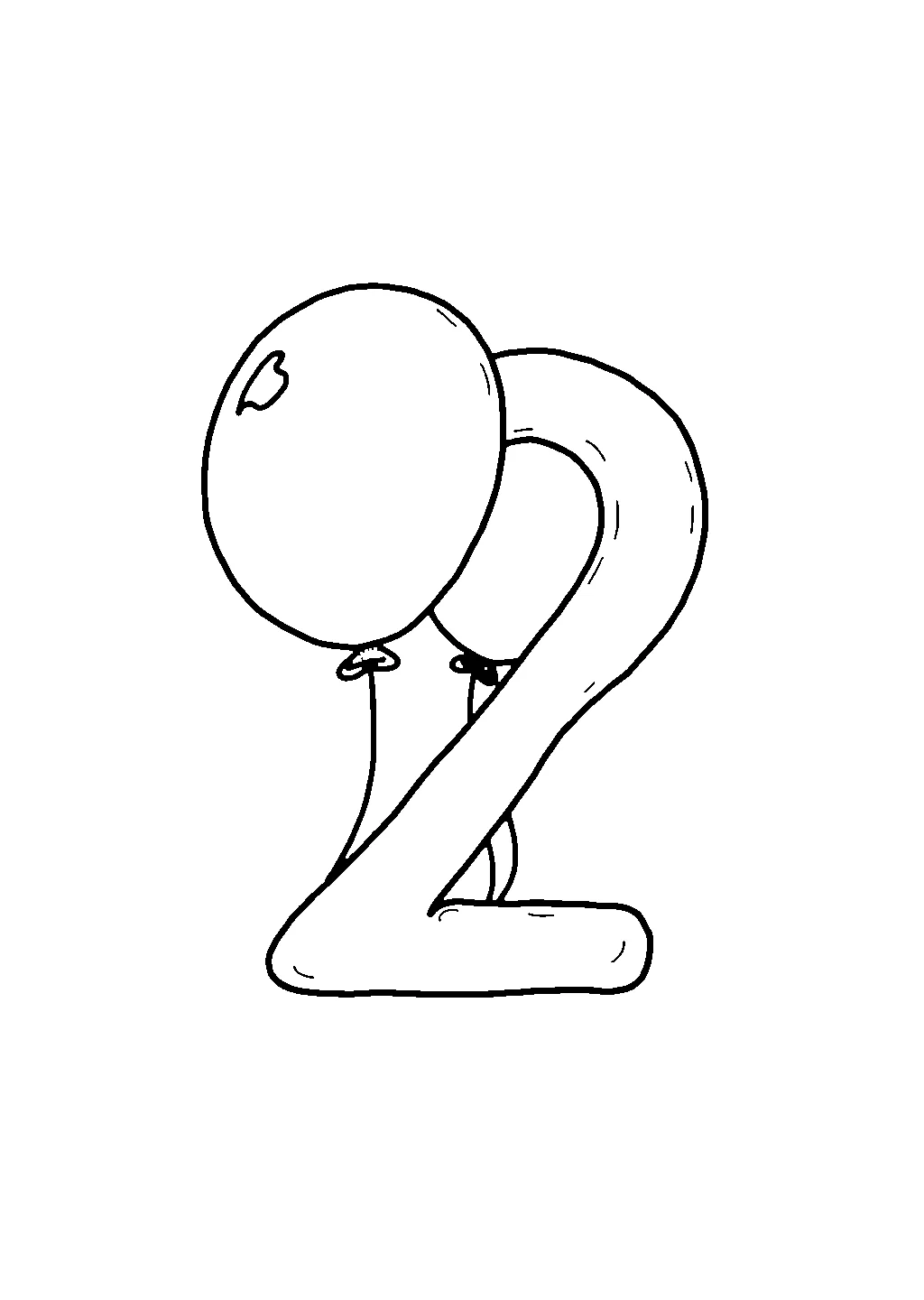 Disegno del numero due con due palloncini colorati da colorare per bambini