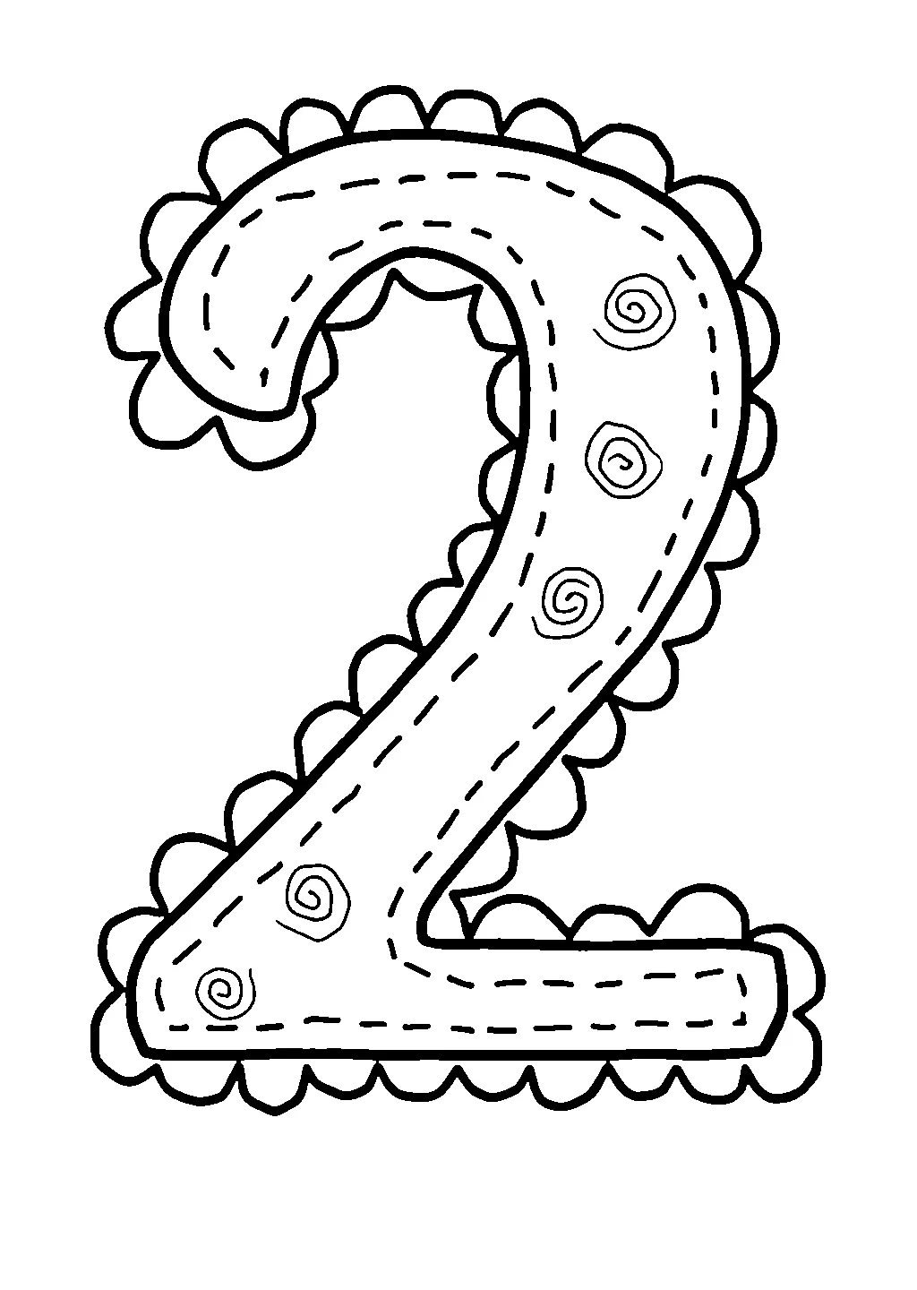 Disegno del numero due grande con motivi decorativi da colorare per bambini