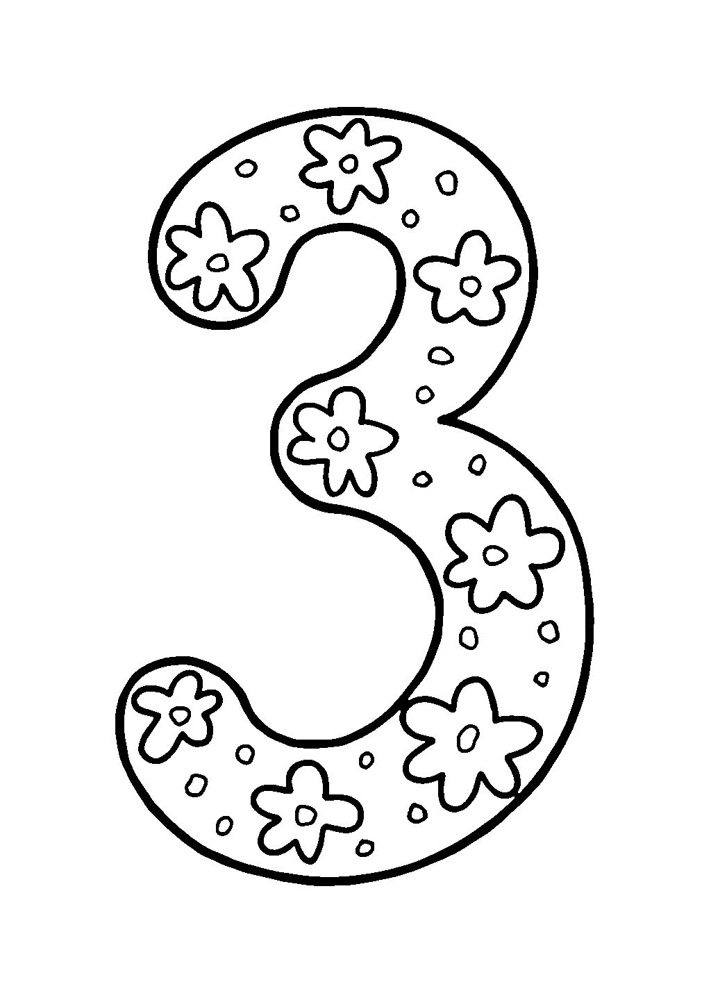 Disegno del numero tre grande con decorazioni e motivi da colorare per bambini