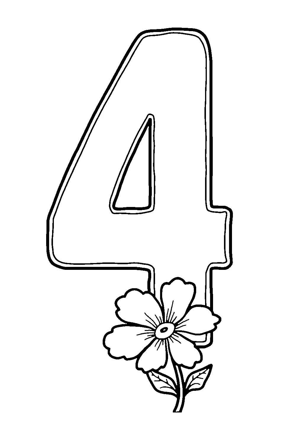 Disegno da colorare di numero 4 con quattro fiori