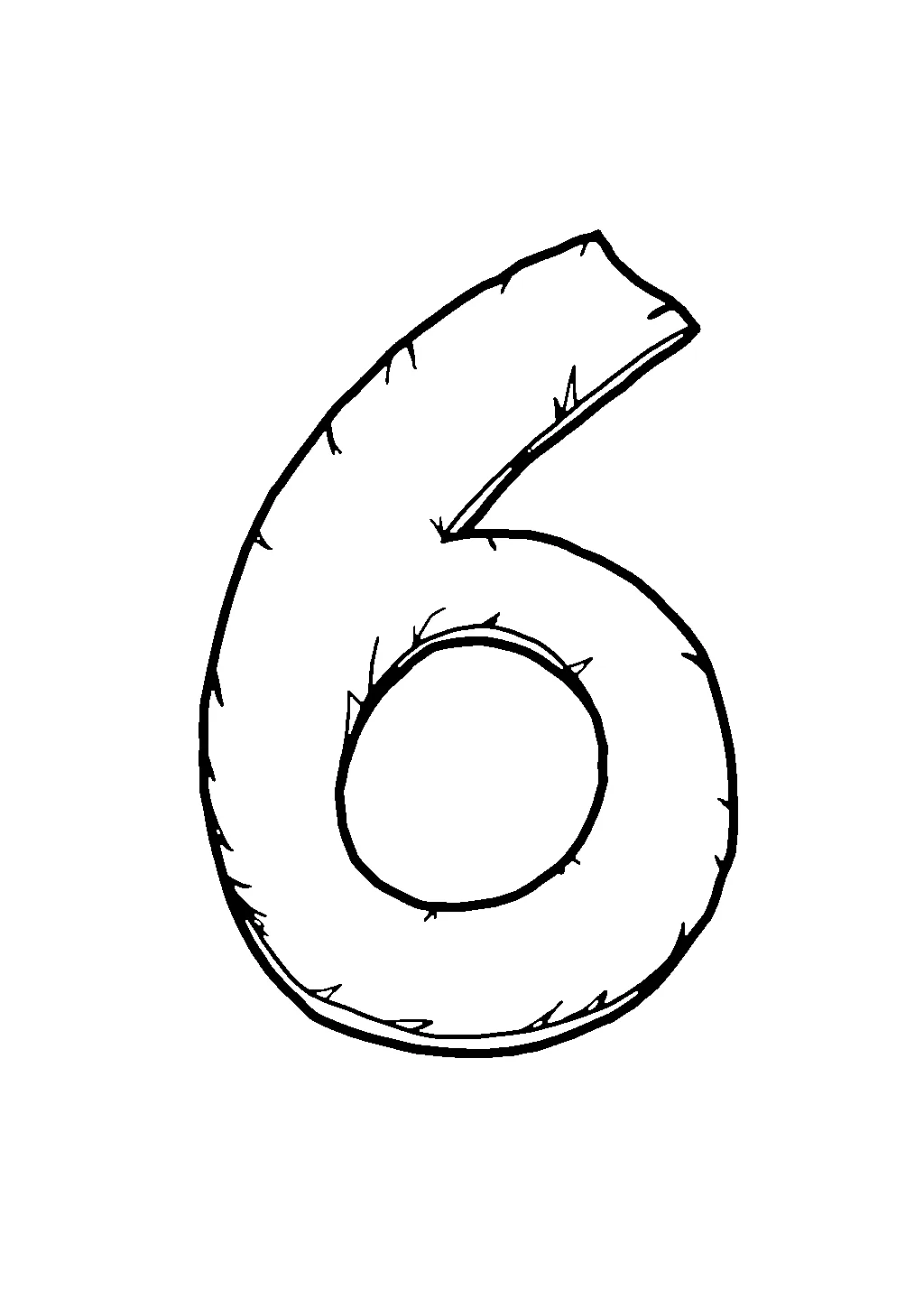 Disegno del numero 6 circondato da sei api da colorare, ideale per imparare a contare