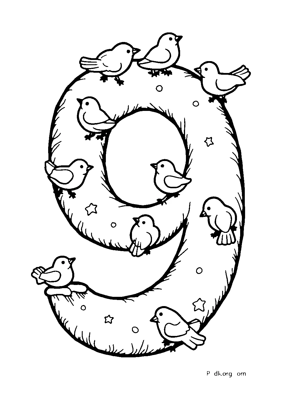 Disegno del numero nove circondato da nove uccellini da colorare per bambini