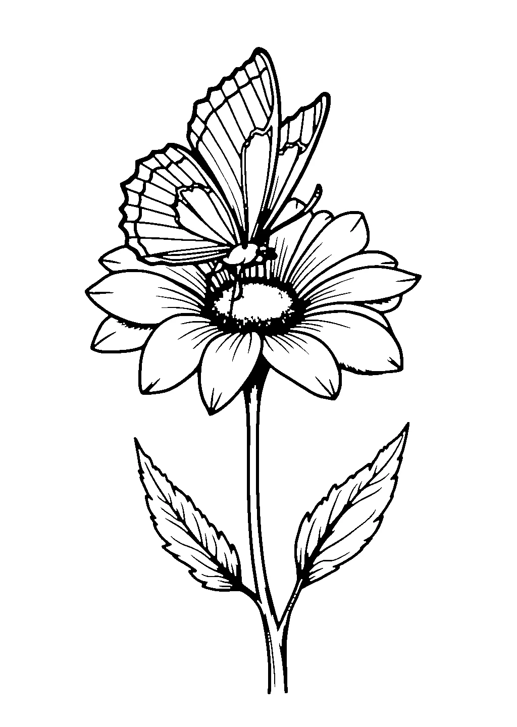 Farfalla dalle ali decorate posata su un grande fiore pronta da colorare