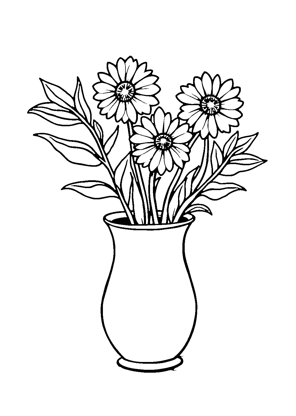 Disegno di un vaso decorato pieno di fiori primaverili pronto da colorare