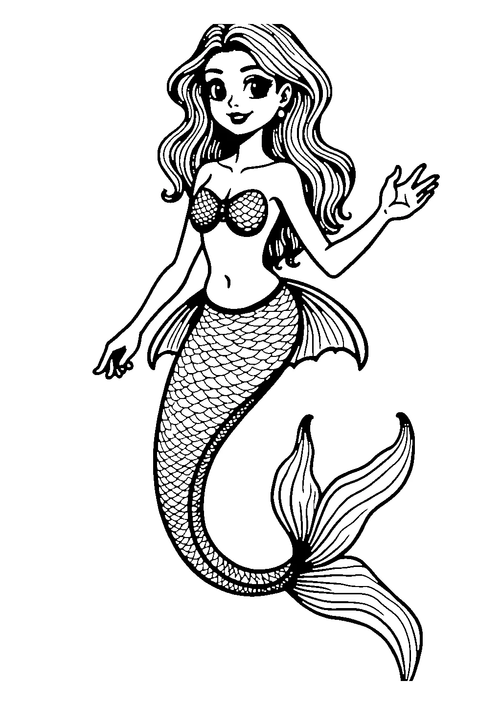 Disegno da colorare di una sirena con la coda ricca di motivi e decorazioni