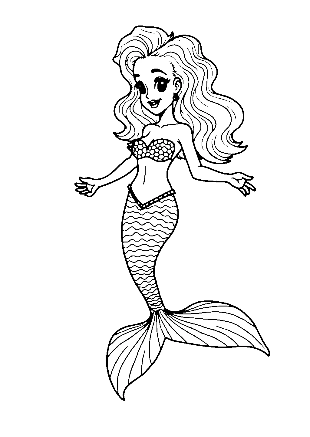 Disegno da colorare di una sirena con conchiglie intrecciate tra i capelli