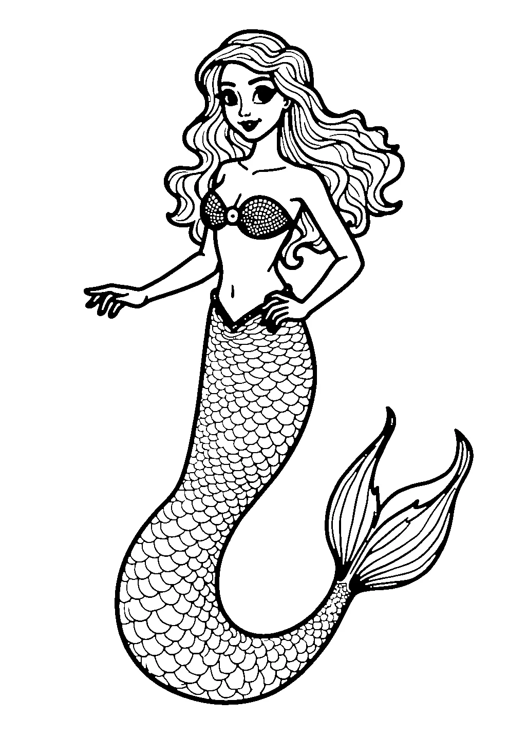 Disegno di una sirena adornata con perle e conchiglie tra le onde del mare