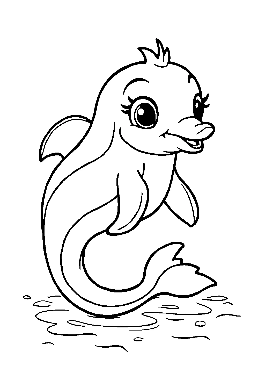Disegno da colorare di una sirena che nuota accanto a un delfino tra onde e bolle marine