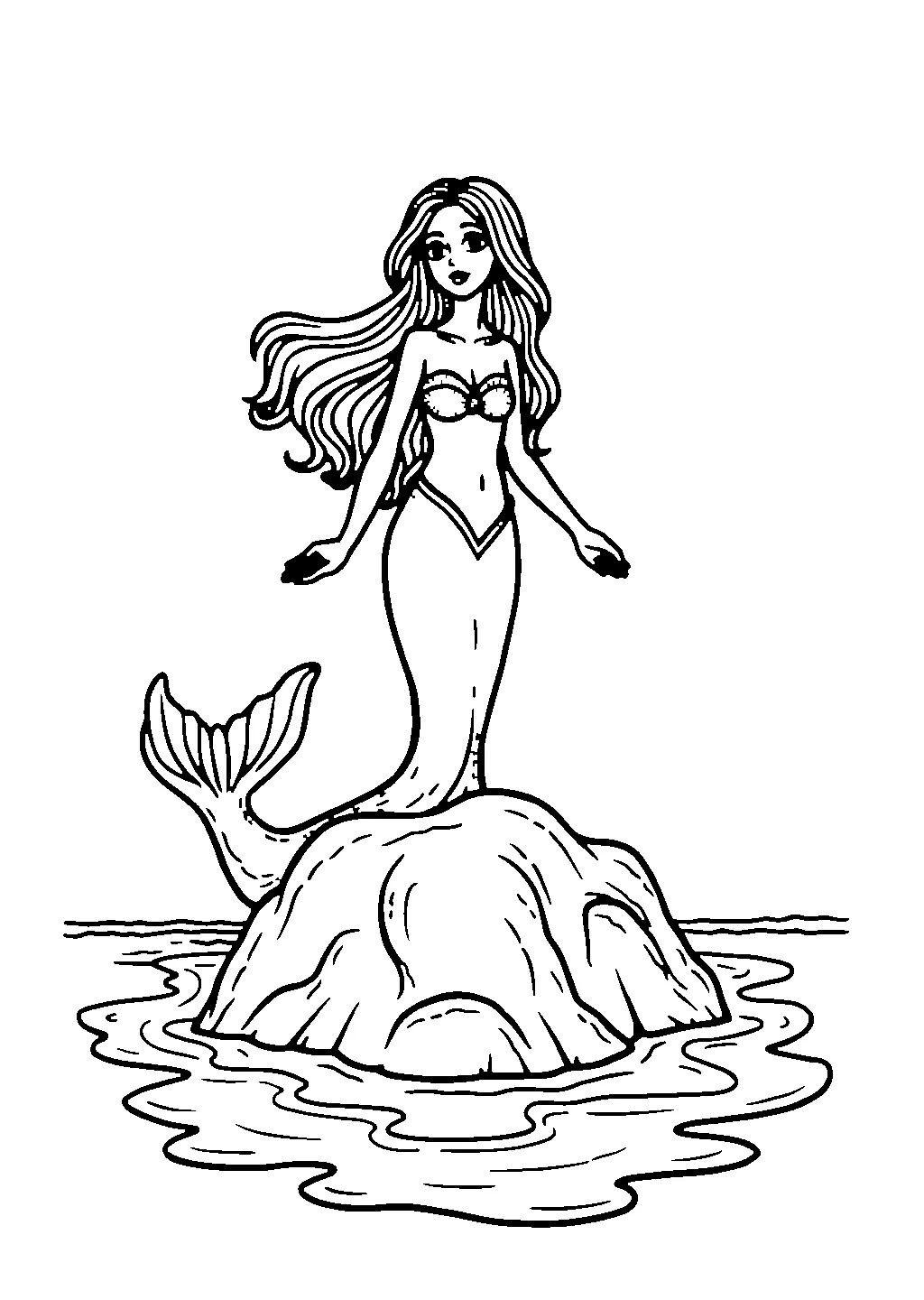 Disegno da colorare di una sirena che nuota davanti a un castello sottomarino circondato da pesci e alghe
