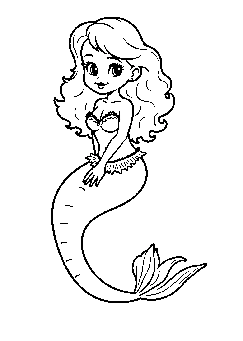 Illustrazione di una sirena che nuota circondata da alghe marine ondeggianti