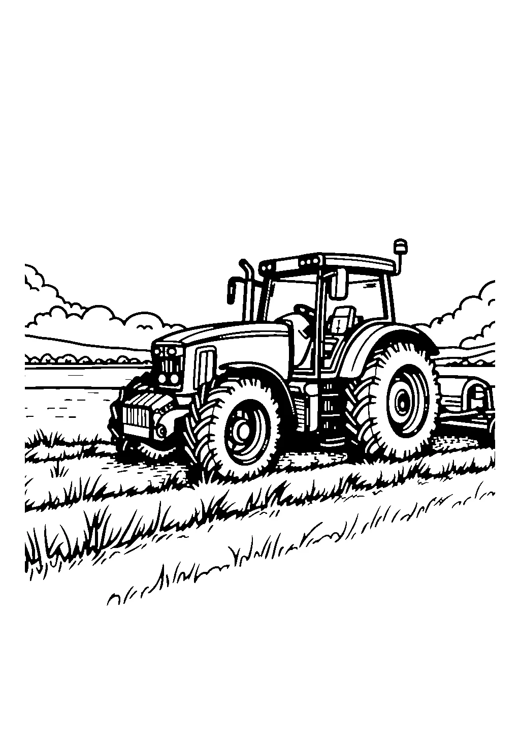 Disegno da colorare di un trattore in azione mentre ara un campo agricolo
