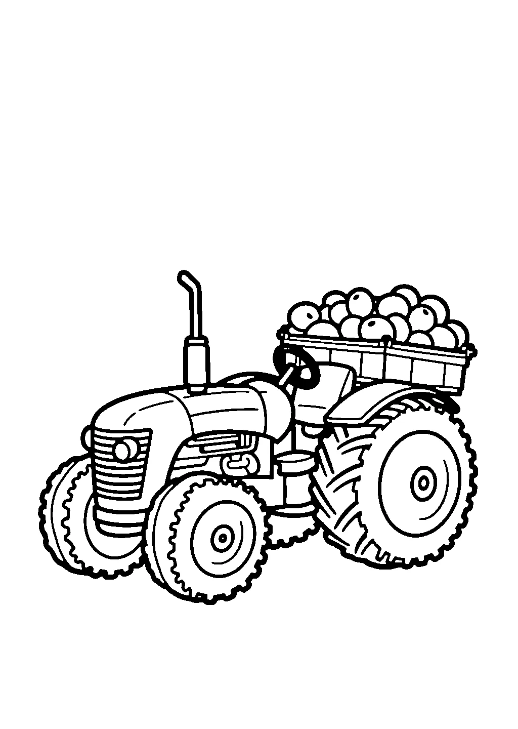 Disegno da colorare di un trattore che trasporta un carrello pieno di frutta