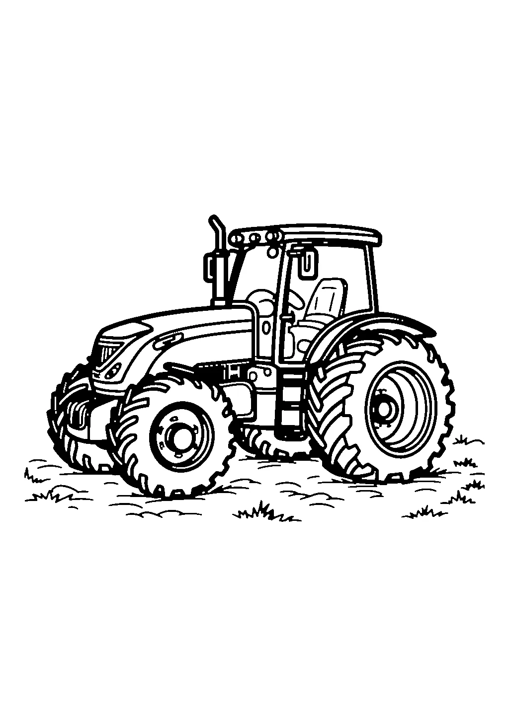 Disegno da colorare di un trattore agricolo con ruote posteriori molto grandi