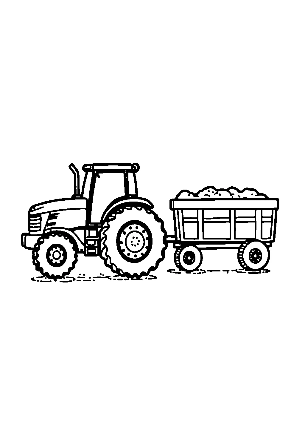 Illustrazione di un trattore agricolo che trascina un rimorchio carico attraverso un campo