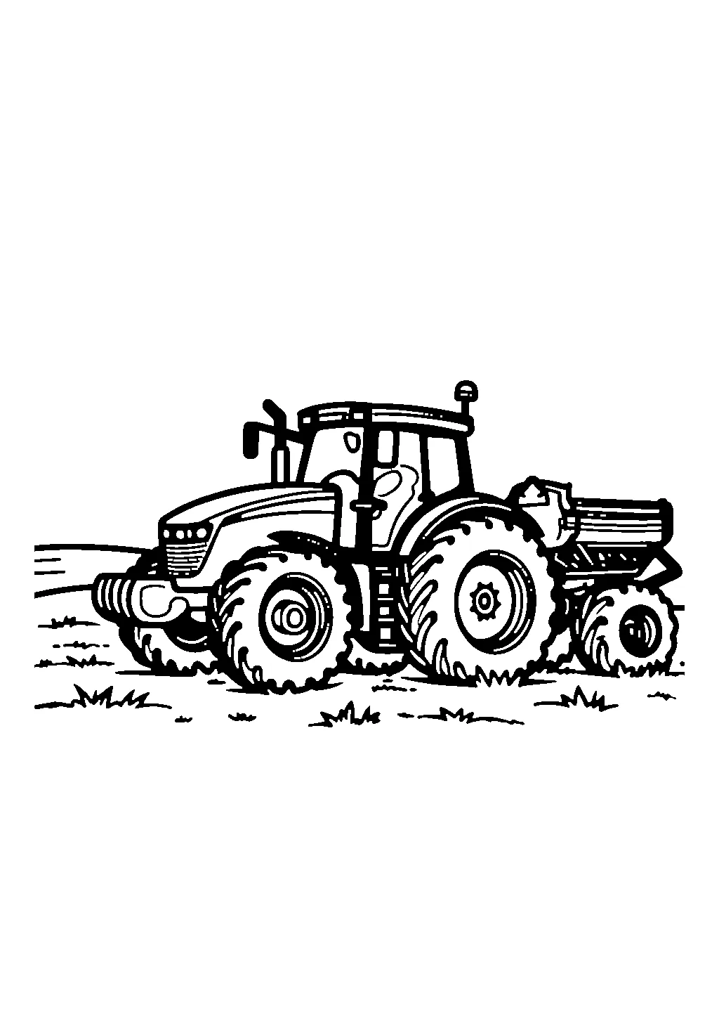 Disegno da colorare di un trattore agricolo che traina una seminatrice nei campi