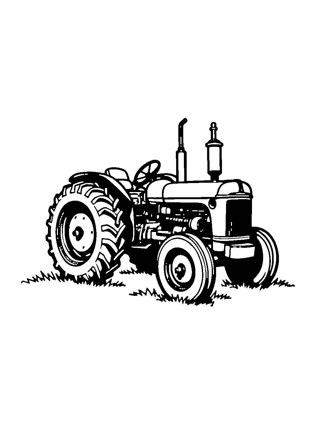 Disegno da colorare di un trattore agricolo d'epoca con ruote posteriori sottili e motore a vista