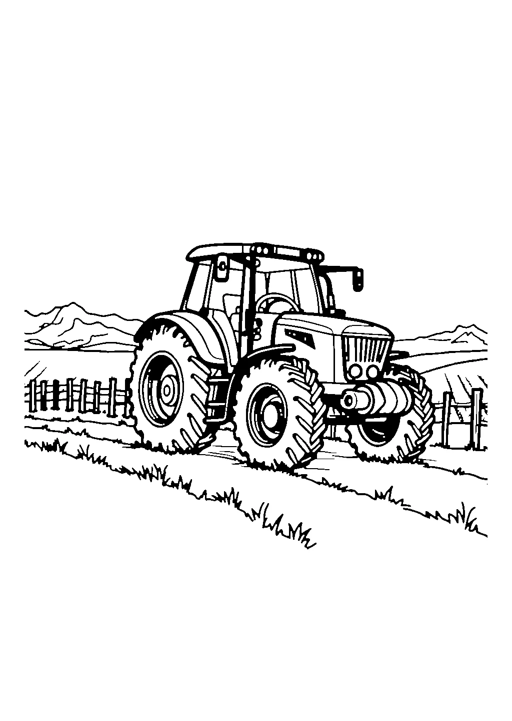 Disegno da colorare di un trattore agricolo che percorre un filare di viti in un vigneto