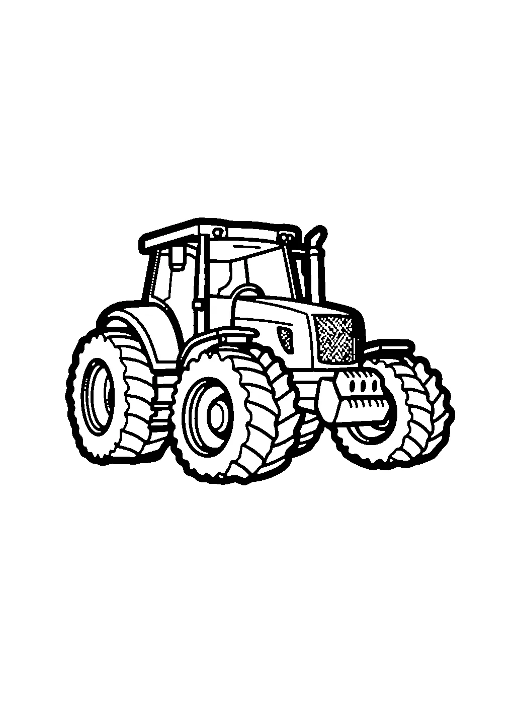 Disegno da colorare di un trattore agricolo visto frontalmente con grandi ruote e fari