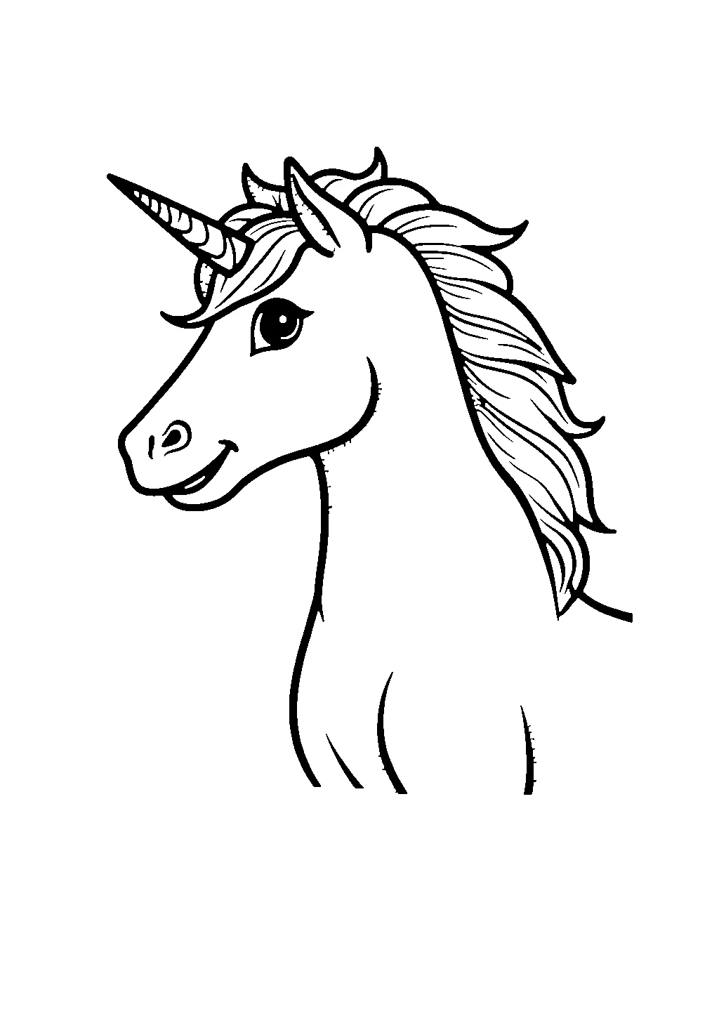 Ritratto stilizzato della testa di un unicorno visto di lato da colorare