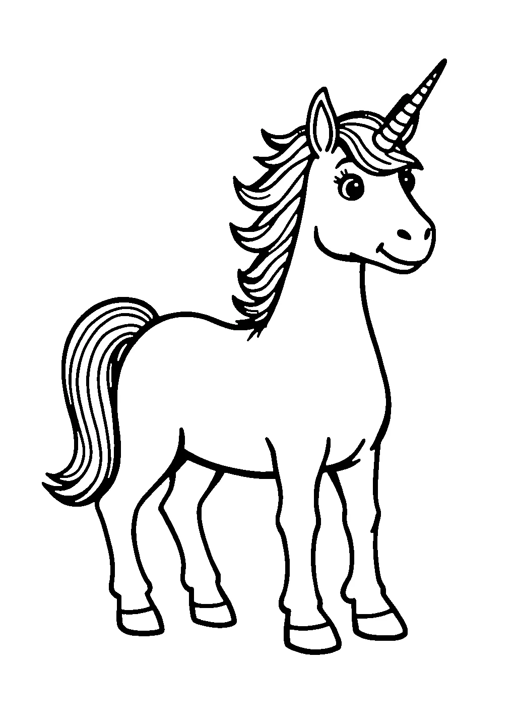 Unicorno in corsa con criniera al vento visto di lato da colorare