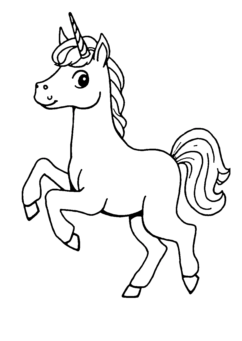 Illustrazione di un unicorno in salto con criniera al vento da colorare