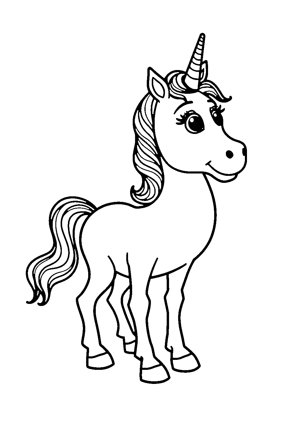 Disegno di unicorno con lunga criniera ondulata da colorare per bambini