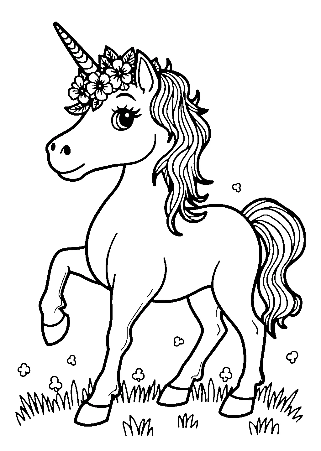 Disegno da stampare di un unicorno con una corona di fiori intorno al collo e criniera fluente