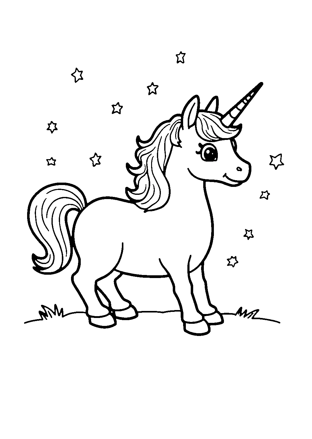 Unicorno fiabesco con stelle e cielo notturno da colorare